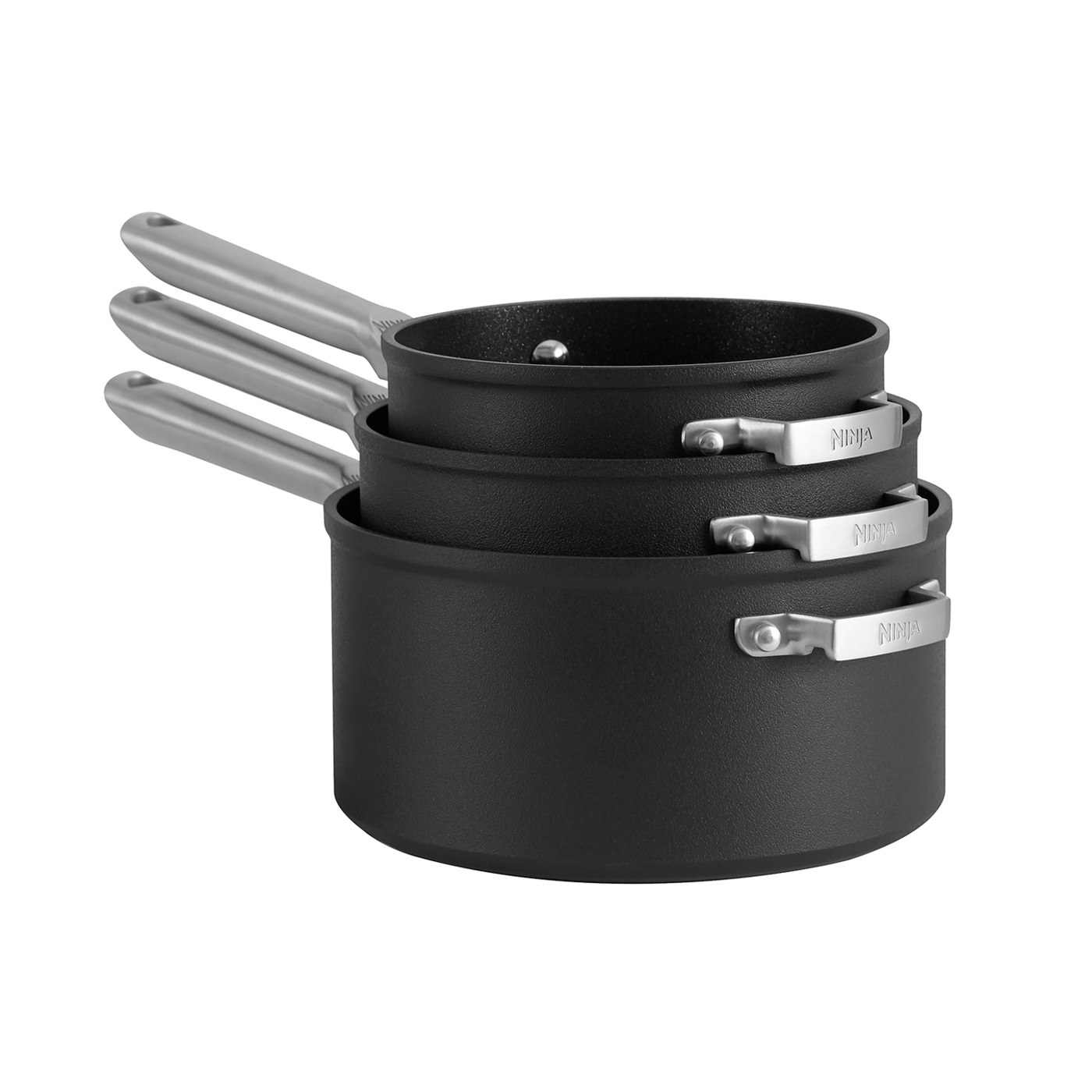 A set of Ninja three black saucepans stacked together, each with a long stainless steel handle.