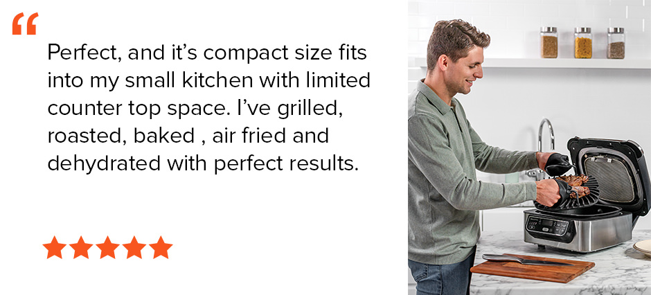 Perfect. , and it&rsquo;s compact size fits into my small kitchen with limited counter top space. I&rsquo;ve grilled, roasted, baked , air fried and dehydrated with perfect results. 5-Star 